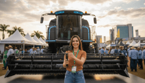 Influenciadores do Agro em Eventos realizando cobertura digital de lançamento de máquinas agrícolas.