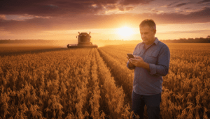 Influenciadores no fim da safra demonstrando o uso de tecnologias no campo durante a colheita de soja.